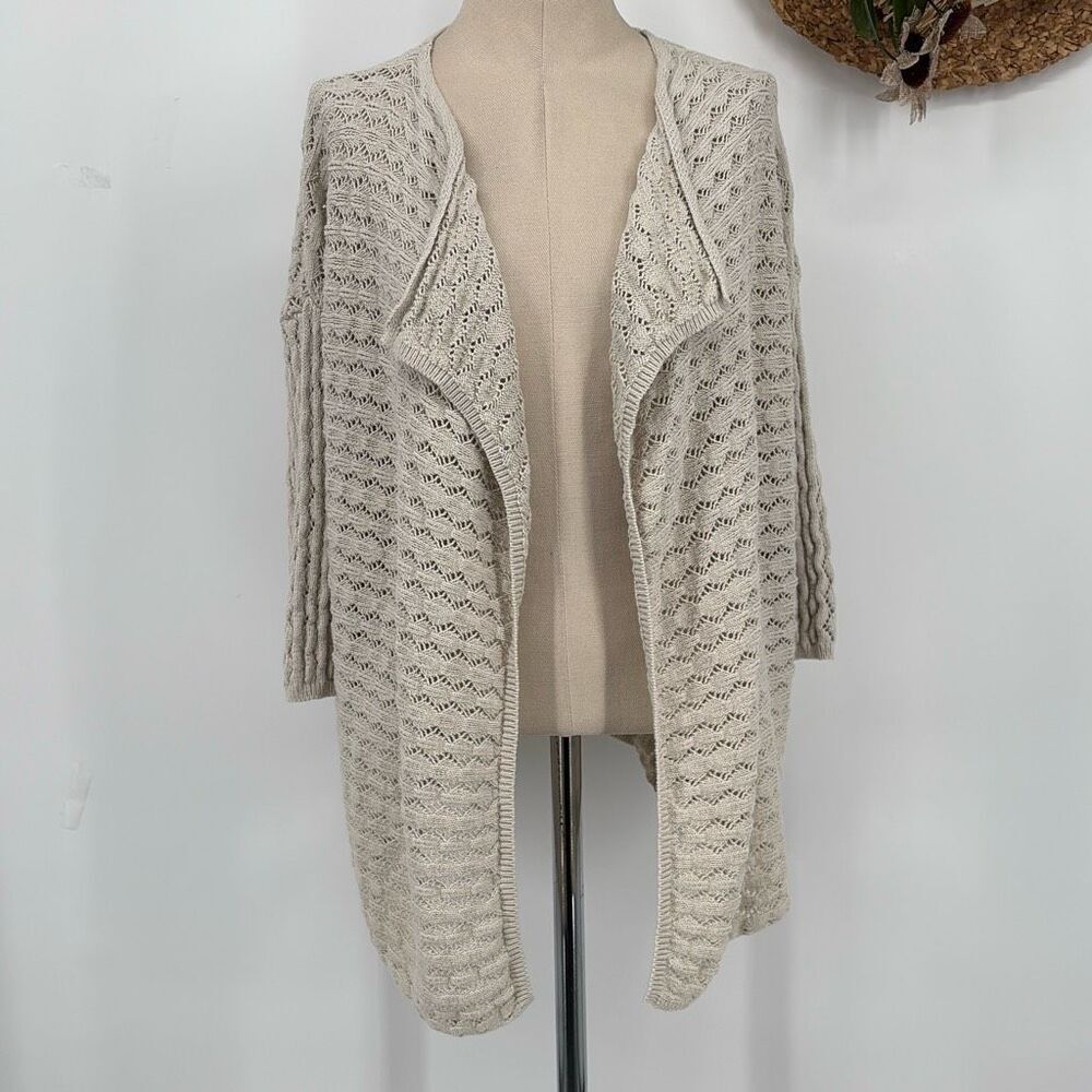J.Jill Pointelle Open Front Drape Front Cardigan 3/4 Sleeve Cotton Linen Blend L